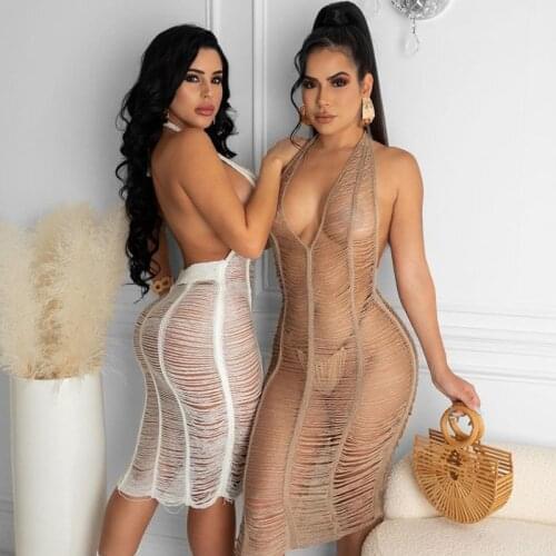 Draped Hollow Out Bodycon Sexy Club Mid Dress Women Bandage Strap Party Summer Stacked Dresses 2021 Halter Knit Robe Vestidos