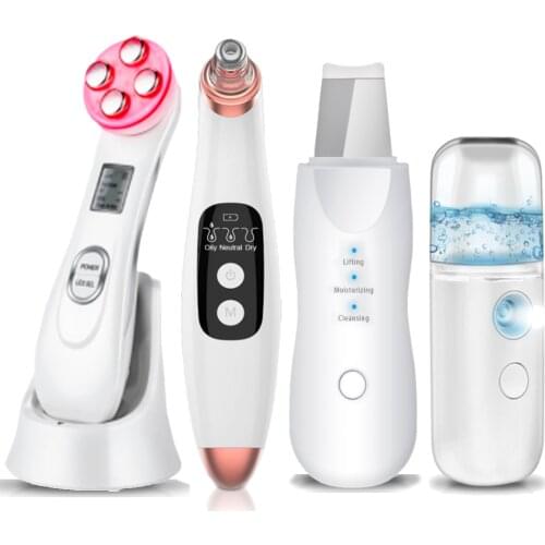 1Set USB Skin Care Tools Ultrasonic Face Scrubber+Blackhead Vacuum Remover+Facial Sprayer+RF EMS LED Mesotherapy Facial Massager