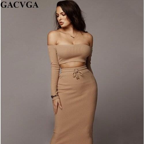 GACVGA 2019 Long Sleeve Strapless Sexy Two Piece Set Dress Women Long Bodycon Party Dress Casual Maxi Summer /Autumn Dress