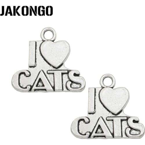 JAKONGO Antique Silver Plated I Love Cat Charms Pendant for Jewelry Making Bracelet Accessories DIY Handmade 21x23mm 15PCS/lot