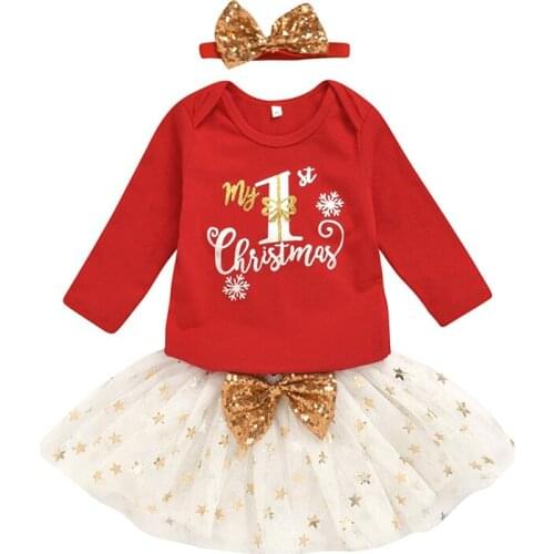 Children Christmas Clothes Set Cute Baby Girl 1st Birthday Costume Suits Lovely Romper+Skirt+Headband 3pcs Set Infant Girl Cloth