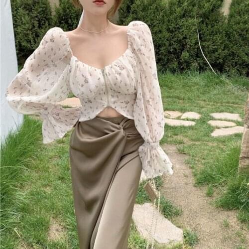 Korean Fashion Vintage Slim Suit Office Lady Long Sleeve Flower Casual Blouse+ Design Slim Skirts 2 Piece Set Women 2021 Autumn