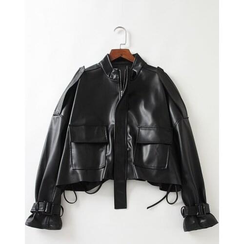 Korean Black Short Faux Leather Jacket Autumn Drawstring Lace Up Stand Collar Long Sleeve Biker Jacket Harajuku Casacos Feminino