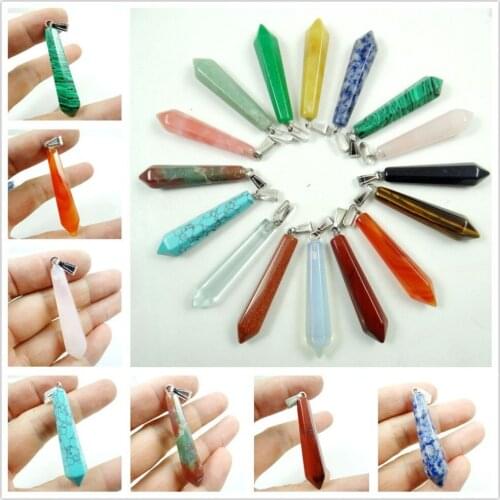 Natural stone Turquoises Quartz Crystal lapis tiger eye hexagonal pillar pendant for diy Jewelry making necklace Accessories12PC