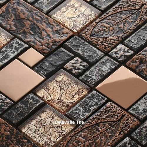 New ! 3D Retro Crystal glass Resin backsplash sticker Fireplace kitchen wall tiles,Drawbench Copper metal home decor tile