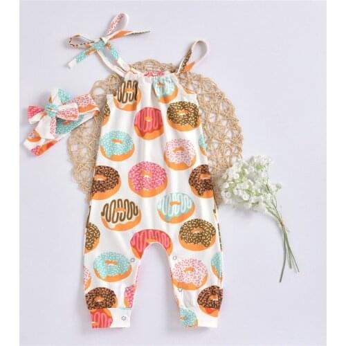 Baby Girls Summer Outfits Cute Cartoon Flower Print Halter Sleeveless Romper Jumpsuit with Headband Infant Clothing