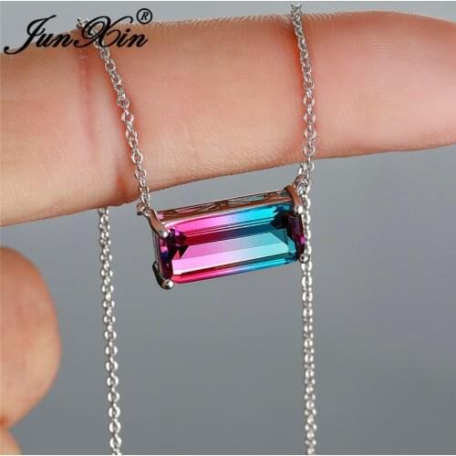 Gradient Rainbow Fire Crystal Rectangle Stone Pendant Clavicle Necklaces For Women Silver Color Blue Green Wedding Necklace