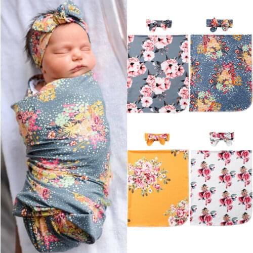 Newborn Baby Floral Snuggle Swaddling Wrap Blanket Sleeping Bag Swaddle boy girls Wrap Headband Cloth Floral Swaddle 0-3M