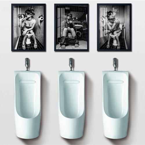 Picture Poster Black And White Painting Toilet Sexy Woman Man Canvas Prints Bar Girl Smoking And Drinking Bathroom