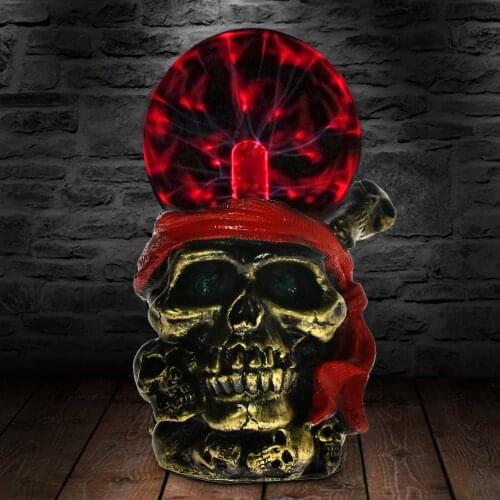 Bronze Skull Form Plasma Ball Red Headscarf Corsair Globe Novelty Table Lamp Desk Decor Glass Halloween Night Light Gifts