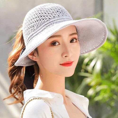 Caps Fashion Folding Wide Brim Straw Hat Hollow Sun Visor Cap with Bowknot for Women