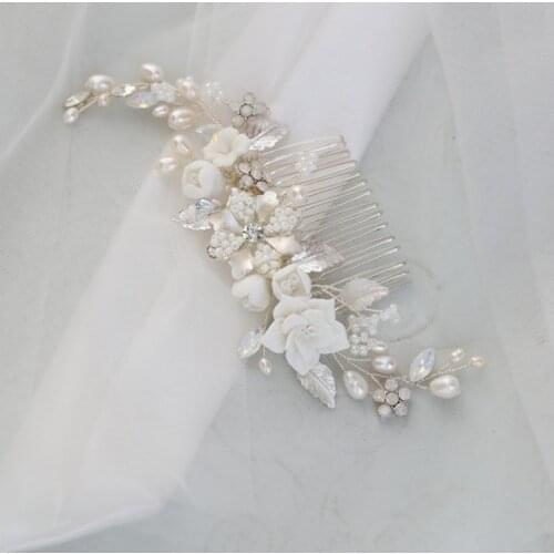 White Porcelain Flower Wedding Comb Hair Piece Pearls Bridal Jewelry Handmade Women Headpiece Hair Ornament