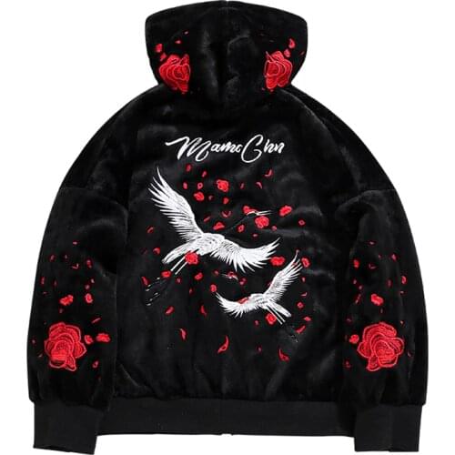 Autumn Winter New Casual Loose Hoodies Sweat Men flannel crowned crane Rose flower Embroidery pullover Sweatshirts