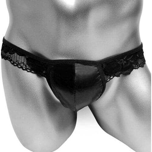 Faux leather sissy Panties With Lace work Mens Jockstrap Underwear Shiny Sexy Lingerie for Gay Low rise G strings Thong Male
