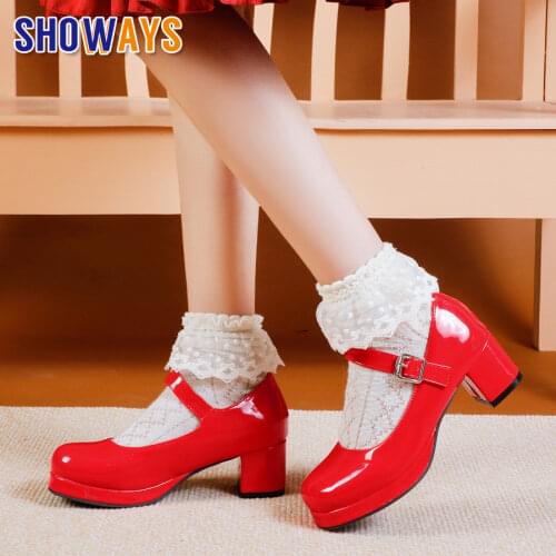 Sweet Lolita Cosplay Women Platform Pumps White Red Patent Leather High Square Heel Spring Party Wedding Office Lady Mary Janes