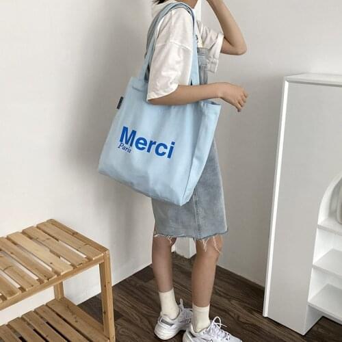 Yeqofcd Casual Style Pocket Inside Shoulder Bag Letter Printed Handbags Soft Folding 12oz Cotton Canvas Tote Bag For Women