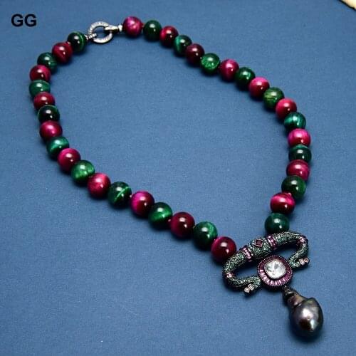 GuaiGuai Jewelry Natural Red Green Tigers Eye Round Necklace Black Keshi Pearl Cz Pave Gunmetal Color Pendant Necklace For Women