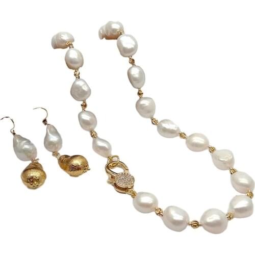 YYGEM natural Cultured White Baroque Freshwater Pearl Necklace Nucleated Flameball Baroque Pearl Earrings Set