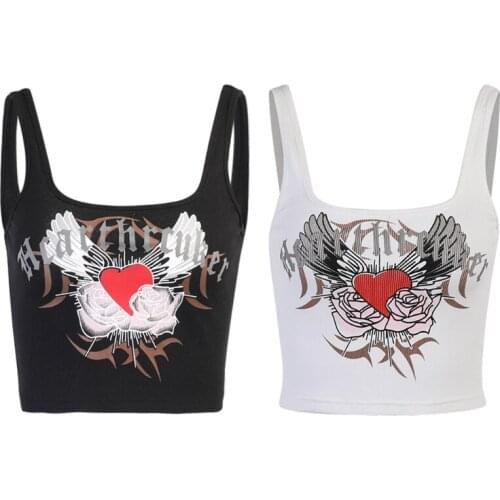 Q39C Women Gothic Punk Sleeveless Crop Top Harajuku Love Wing Graphic Rib Slim Vest