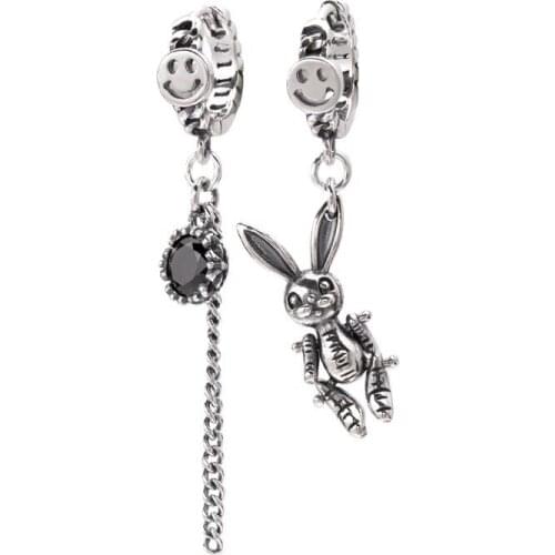 100% 925 Sterling Silver Customized Asymmetric Rabbit Smile Face Black Crystal Chain Ladies Tassel Stud Earrings Jewelry Gift