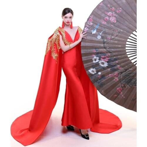 100%real red peacock golden embroidery long cloak dress gown stage dress queen cosplay Victoria dress Belle/can customs size