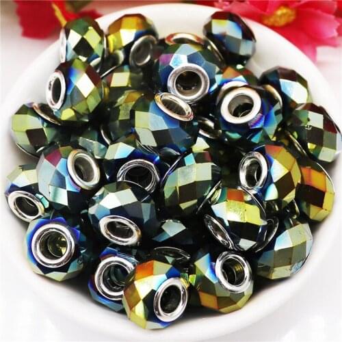 20Pcs AB Color Cut Faceted Glass Crystal European Spacer Beads Charms Large Hole Silver Plate Fit Pandora Bracelet Jewelry Craft