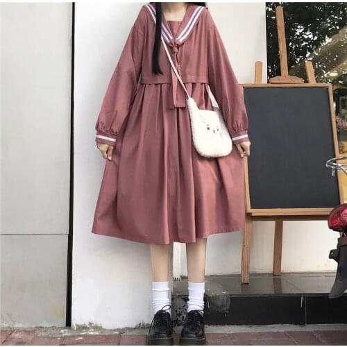 2020 New Japanese Sweet College Overknee dress Striped Sailor Collar Student Long Sleeve Dress Female Autumn school uniform
