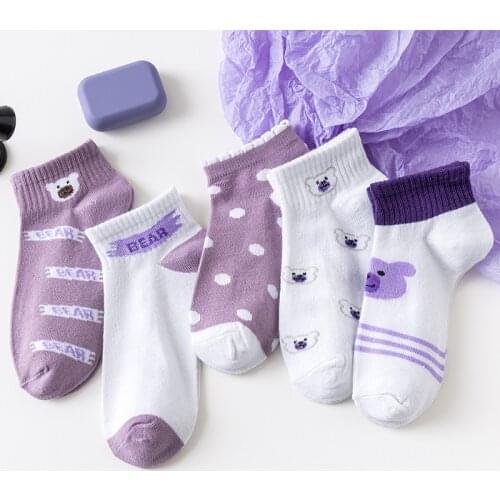 5 Pairs Womens no Show Socks Korean Summer Thin Cartoon Animal Purple Bear Cute Boat Socks Invisiable Funny Girl Ankle Sock Set