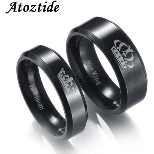 Atoztide 1pc Engraved Her King His Queen Crown Couple Rings Romantic Round Love Ring For Lovers Wedding Band Engagement Jewelry