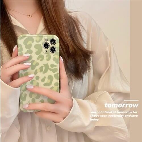 Retro matcha green tea Light color Leopard art Phone Case For iPhone 11 12 Pro Max Xr Xs Max 7 8 Plus 7Plus case Cute Soft Cover