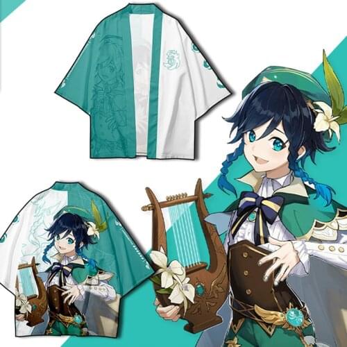 Game Genshin Impact Costume Anime Venti Cosplay Kimono Cardigan Japanese Obi Male Yukata Womens Haori 3D Cardigan