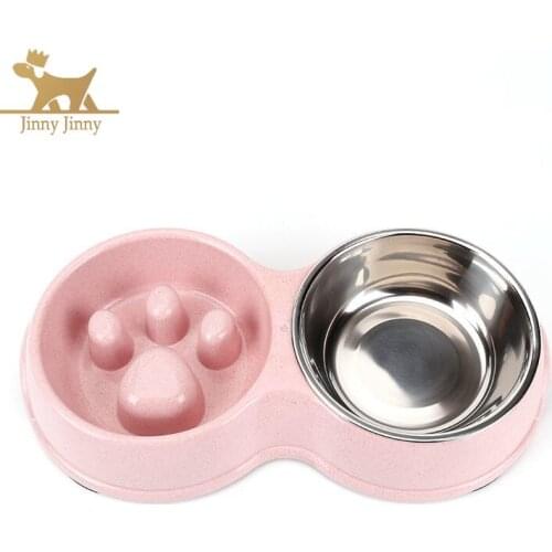 Dog Slow Feeder ，Dog Cat Double Bowls ，Stainless Steel and Anti-Choking for Small Pets Cats Dogs with Non-Slip Rubber