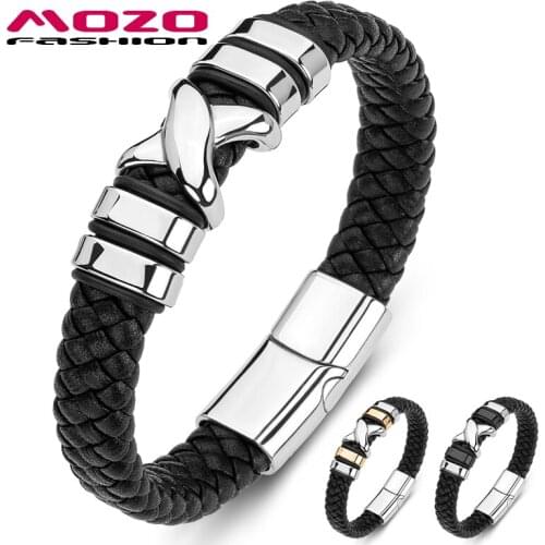 2020 Men Bracelets Braided Cross Stainless Steel Cuff Hip Hop Genuine Leather Bangles Women Jewelry