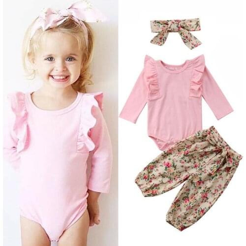 Newborn Baby Girl Cotton 3pcs Clothes Set Long Sleeve Top Jumpsuit Playsuit Bodysuit Long Pants Leggings Headband Outfit Set