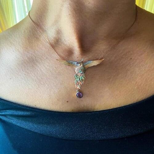 Phoenix Strength Amethyst Stone Firebird Pendant Necklace Eye with Red Emeralds Bird Wing Necklace for Ladies of Any Age 46+7cm