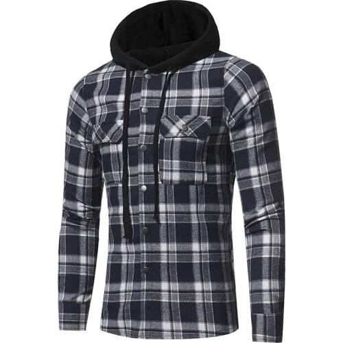 Hooded shirt men fashion Hip hop Streetwear plaid shirt men High street social checkered long sleeve shirts