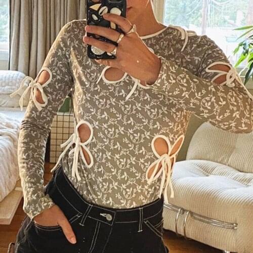 Foridol Hollow Out Bowknot T Shirt Women Long Sleeve Leaf Print Boho Crop Top Streetwear Skinny Green Top Boho Top 2021