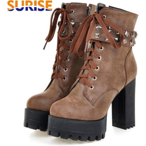 Big Size Winter Women Platform Ankle Boots 12cm High Block Heel PU Leather Plush Rivet Lace Up Martin Lady Punk Black Short Boot