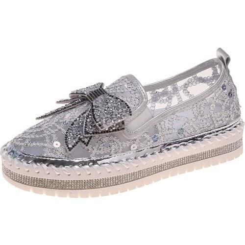 Womens Casual Shoes Crystal Sequins Decor Sweet Faddish Grenadine Breathable Comfy Thick Sole Shoes