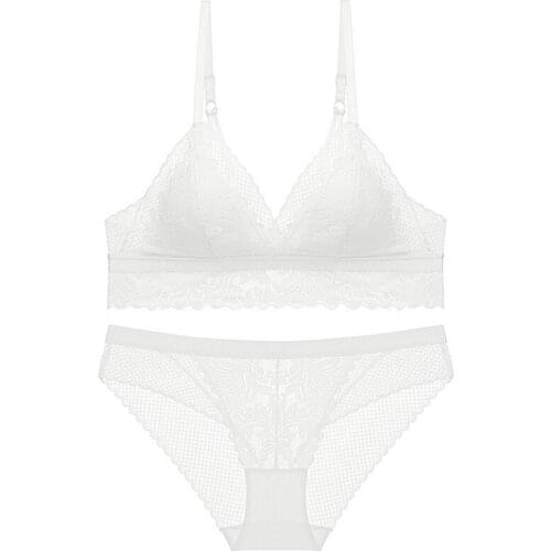 Womens French ultra-thin non-wireless bra triangle cup comfortable breathable lace underwear sexy beauty back bra set WT098