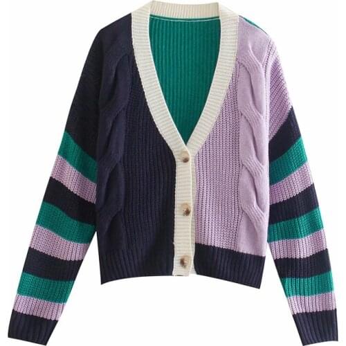 Autumn and winter womens casual color matching V-neck long-sleeved cardigan sweater