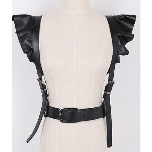 Hard rock music party gothic punk style pu leather adjustable wide belt slim waist ruffles suspender womens belt