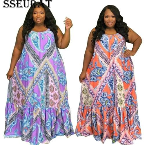 SSEURAT Women Plus Size Dress Print Sleeveless Bandage Halter Backless Loose Long Maxi Dresses Fashion Vestidos Summer Outfits