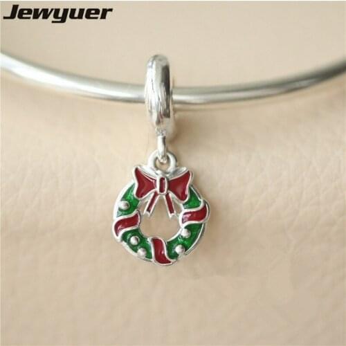Winter Christmas collection Holiday Wreath Dangle Charms 925 silver pendant charm fit beads bracelets DIY fine jewelry DA237