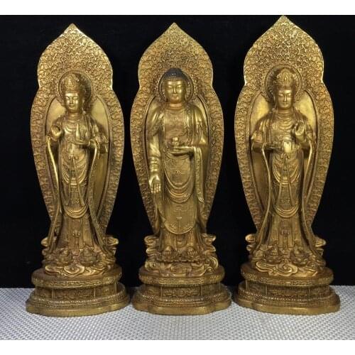 16" Tibet Buddhism Temple brass Western Trinity Buddha Statue Amitabha Buddha Statue Avalokitesvara statue Bodhisattva Statue