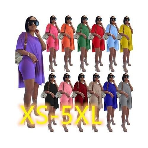 5Xl Casual T Shirt Shorts Set Summer Women Loose Short-Sleeved V Neck Open Fork Two-Piece Suit Running Sports Woman Clothing