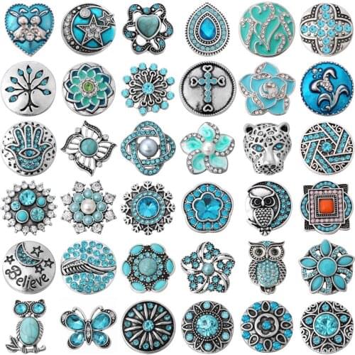 6pcs/lot Blue Snaps 18mmCross Wing Hand Butterfly Tree Flower Metal Snap button fit snap jewelry DIY