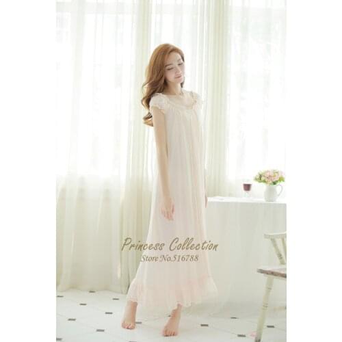 Free Shipping Princess Style Nightgown Chiffon and Modal Cotton Pyjamas Womens Long Sleepwear White and Apricot Nightshirt