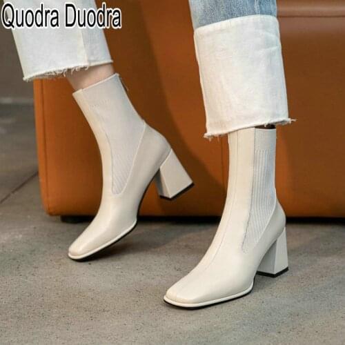 Genuine Leather boots new Winter Women shoes zip solid Thick High Heels Square Toe Slippers shoes Lady chunky size Fashion