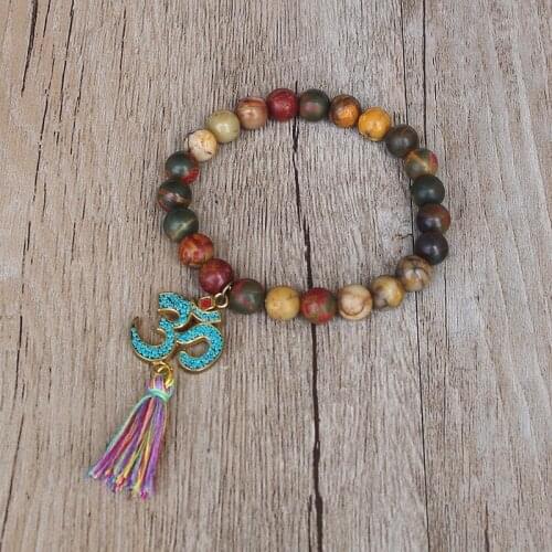 8 MM Natural Stone Handmade Tibetan Buddhism Chakra Mala Bracelet Women Men Tassel Om Beaded Strand Bracelet